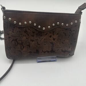 Small Leather‎ Soft Lazer Tooled Crossbody With Silver Studs And Chain Strap